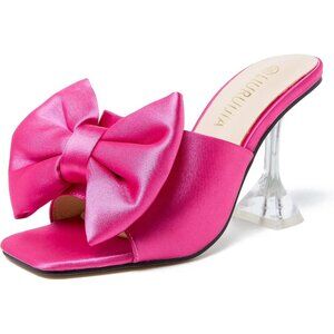 Women's Bow High Heels Mules Dress Sandals Slip On Party Wedding Bridal Hot Pink
